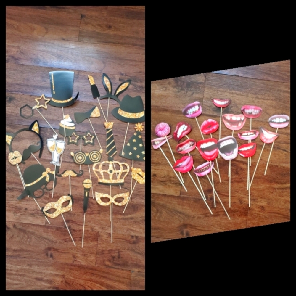 39-Piece Paper Cardstock Photo Booth Props - Mouths & Classic Black & Gold Stick